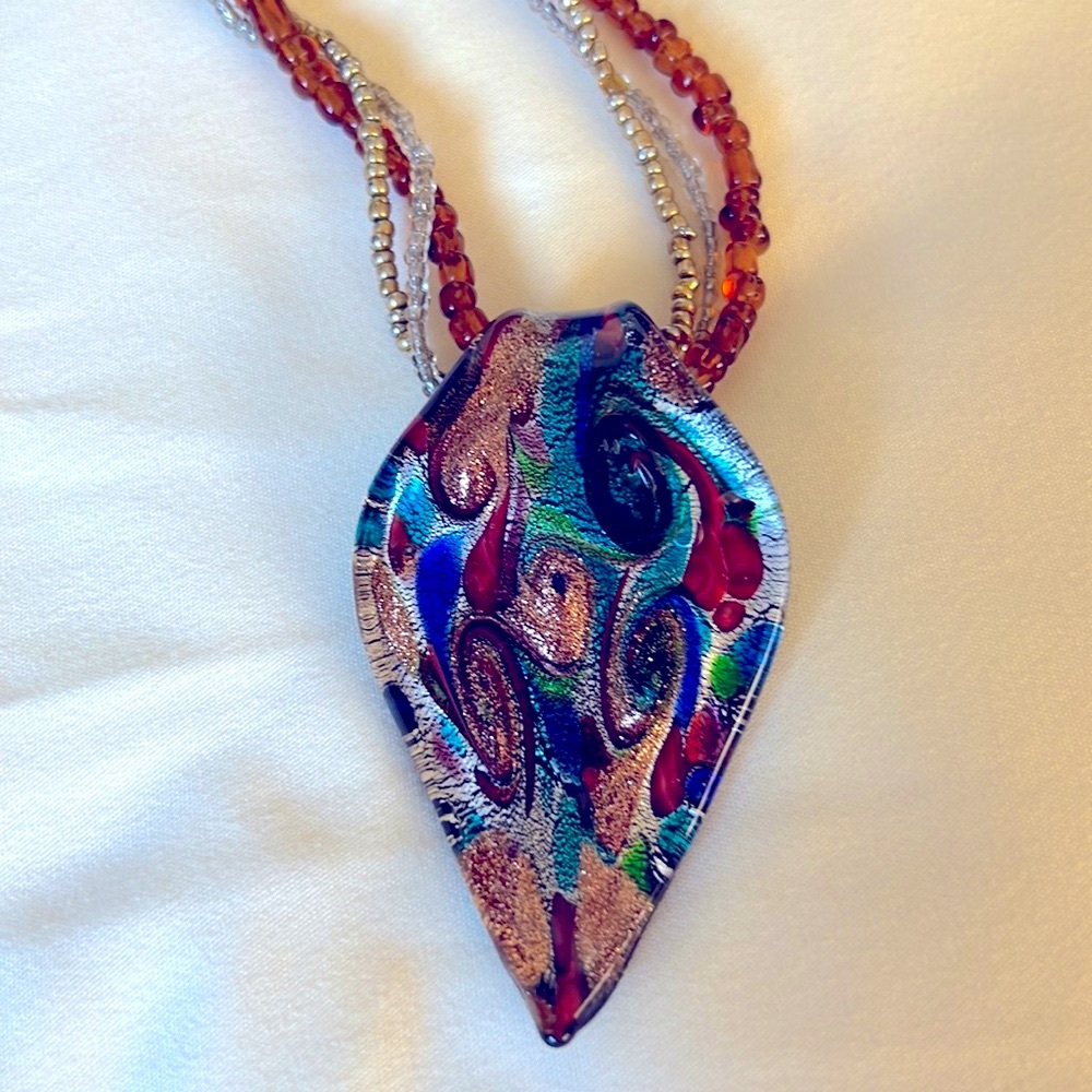 Colorful Teardrop Shaped Artisan Glass Statement Necklace on Beaded Chains 💎